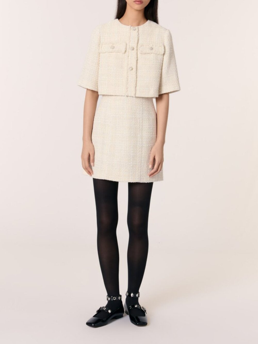 Maje Reims Ecru Tweed 2-in-1 Dress & Jacket FR 36